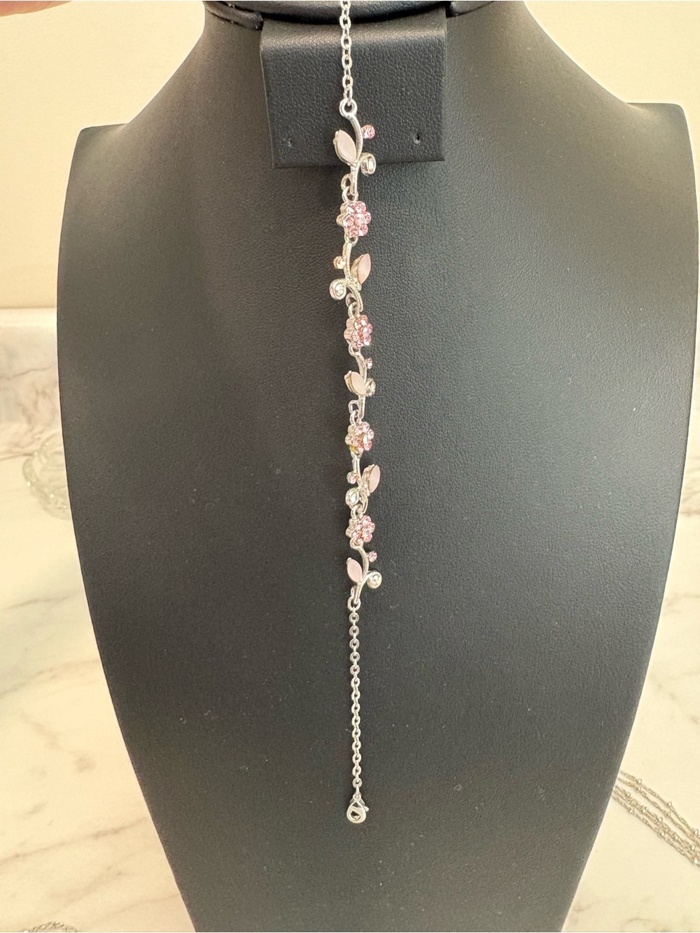 Delicate Silver Pink Floral Drop Necklace